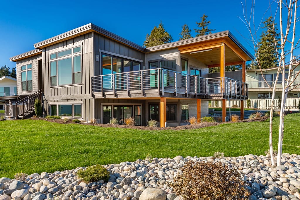 Contemporary home exterior siding with dark blue sky