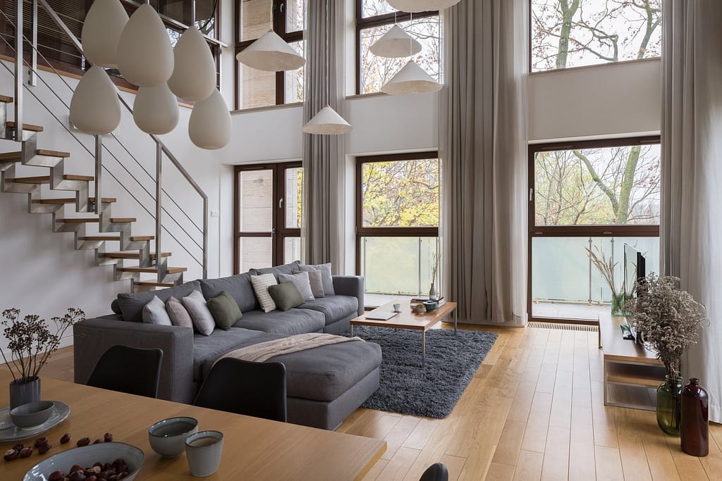 Spacious living room with many pendant lights