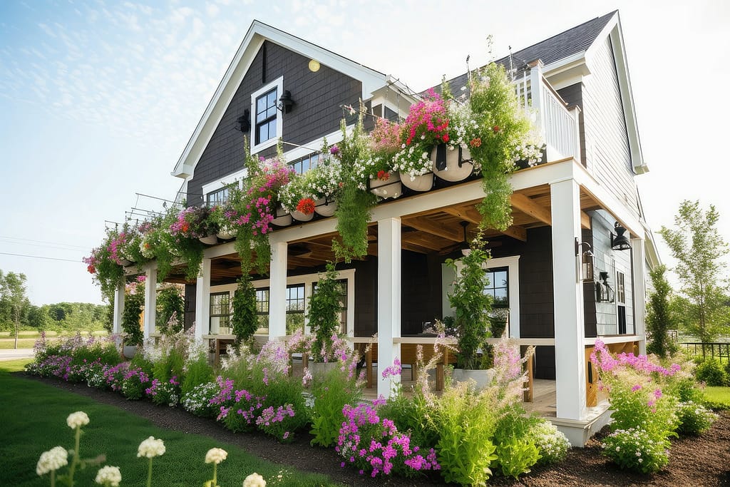 Hanging garden flowers on the modern farmhouse exterior