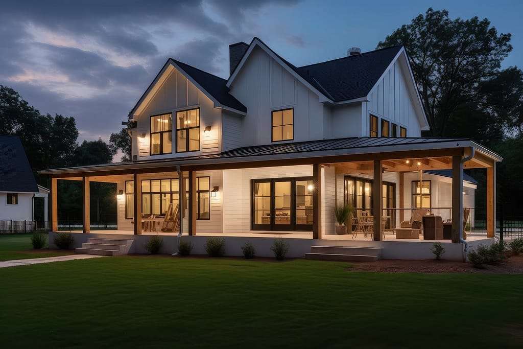 Modern farmhouse with wraparound porch and lanterns at night