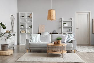 Interior of light living room with cocktail table