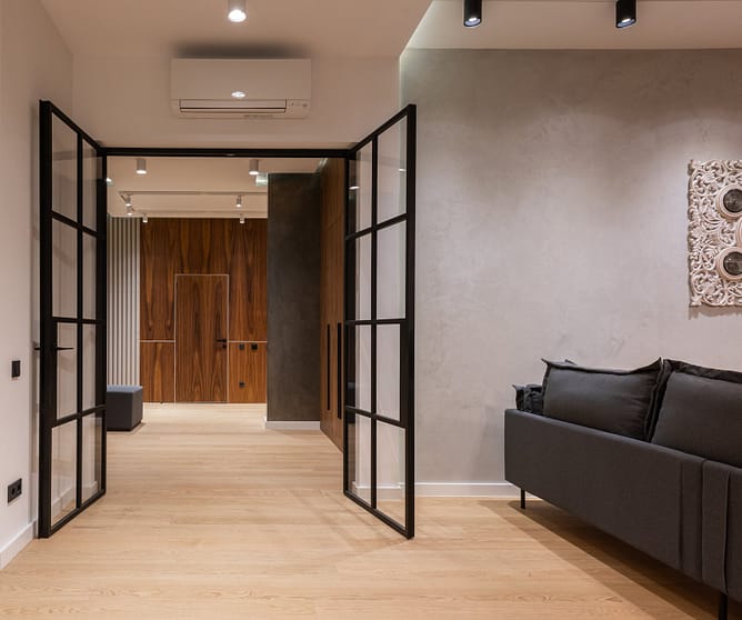 Room interior with glass doors