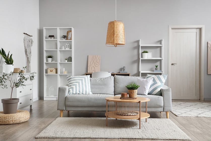 Interior of light living room with cocktail table